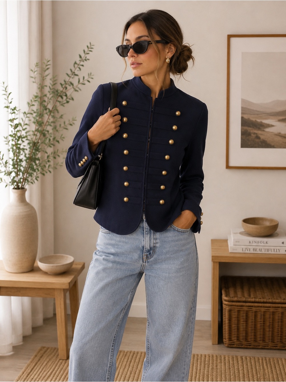 Zara Women Military Jacket Blazer L Navy Blue Gold Buttons Band Style